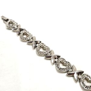 Rhinestone Hearts and Kisses 7.25" Bracelet Silvertone Foldover Clasp Clean